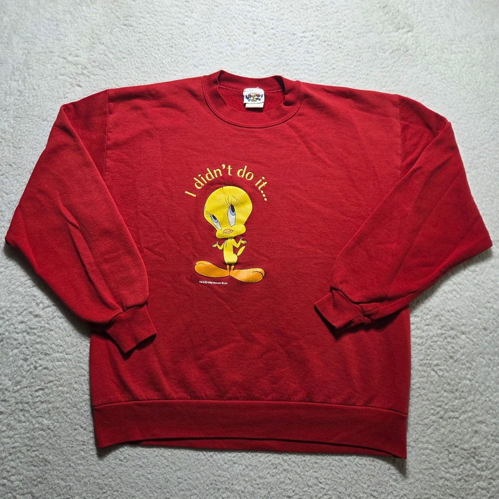 Vintage 90s Looney Tunes Sweatshirt Men L Red Tweety Bird Graphic